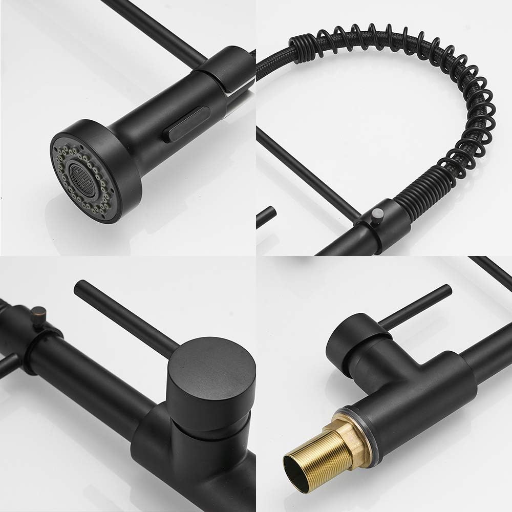 OWOFAN Kitchen Faucets Commercial Solid Brass Single Handle Single Lever Pull Down Sprayer Spring Kitchen Sink Faucet, Matte Black 9009R - - 