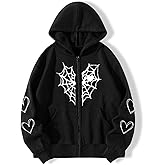 Oversized Y2K Zip Up Hoodie for Women Men Gothic Spider Web Heart Graphic Sweatshirt Punk Harajuku Alt Emo Streetwear