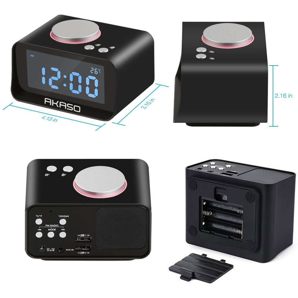 USB Alarm Clock, AKASO Radio Alarm Clock with Snooze Function, 5 Dimmer Brightness, Thermometer, 2 USB Charger Port for iPhone/iPad/iPod/Android and Tablets, Black