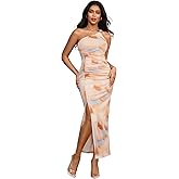 GORGLITTER Women's One Shoulder Mesh Bodycon Maxi Dresses Split Ruched Colorful Wedding Guest Cocktail Long Dress