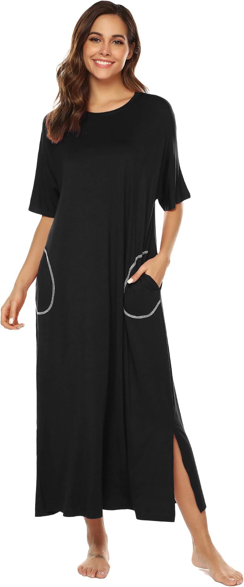 URRU Women's Nightgown Short Sleeve Long Sleepwear with Pockets Loose Fit Nightshirt S-XXL