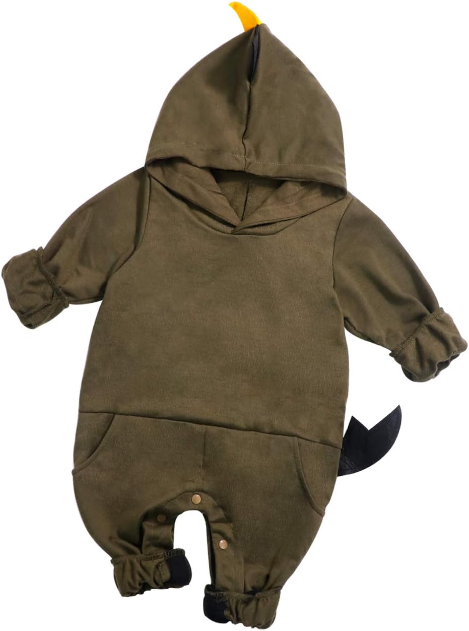 Oklan Toddler Baby Boy Romper Cartoon Dinosaur Long Sleeve Hoodie Jumpsuit