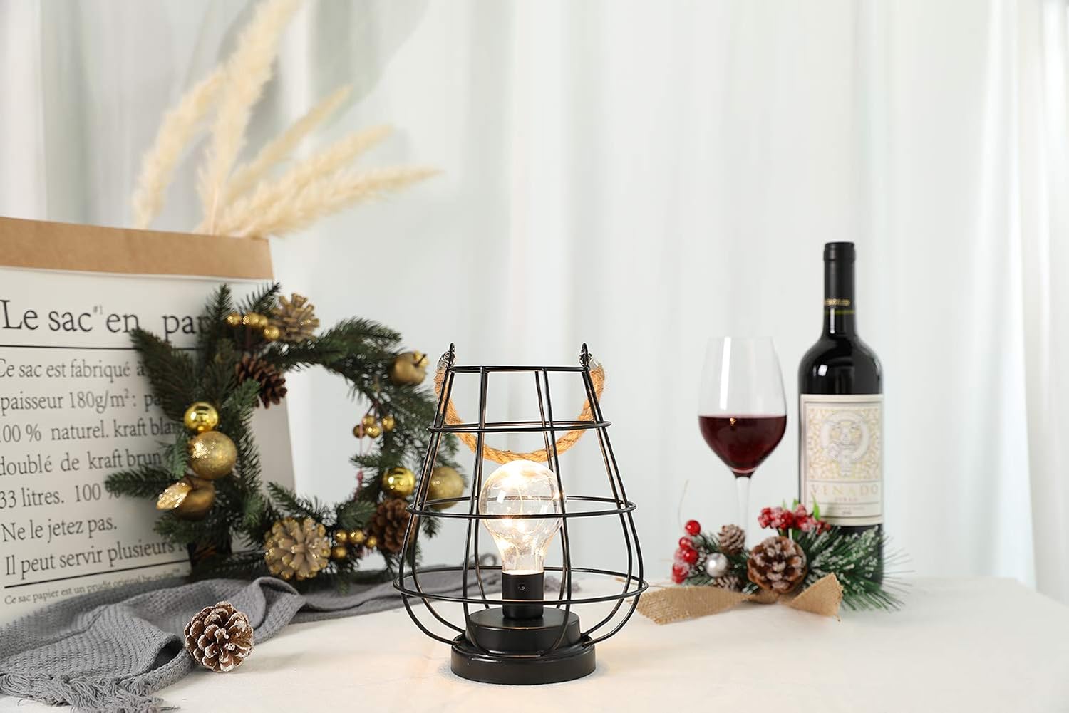 noir Lampe décorative à piles en métal avec lampe ...