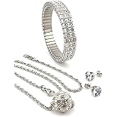 Pierre Lorren Diamond Ball Pendant Necklace Bracelet Earrings SET 140 Austrian Crystal Diamonds HANDMADE Jewelry Minimalist Necklace White Gold Silver SET chain 16"-18" Bridal Shower Gift for bride