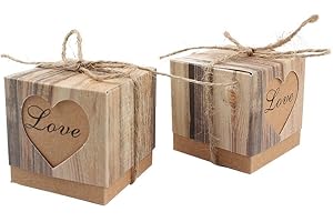 LASLU 50pcsDIY Candy Boxes + 50pcs Burlap Twines, 2"x2"x2", Wedding Party Favor Bag Love Heart Rustic Kraft Bonbonniere With 