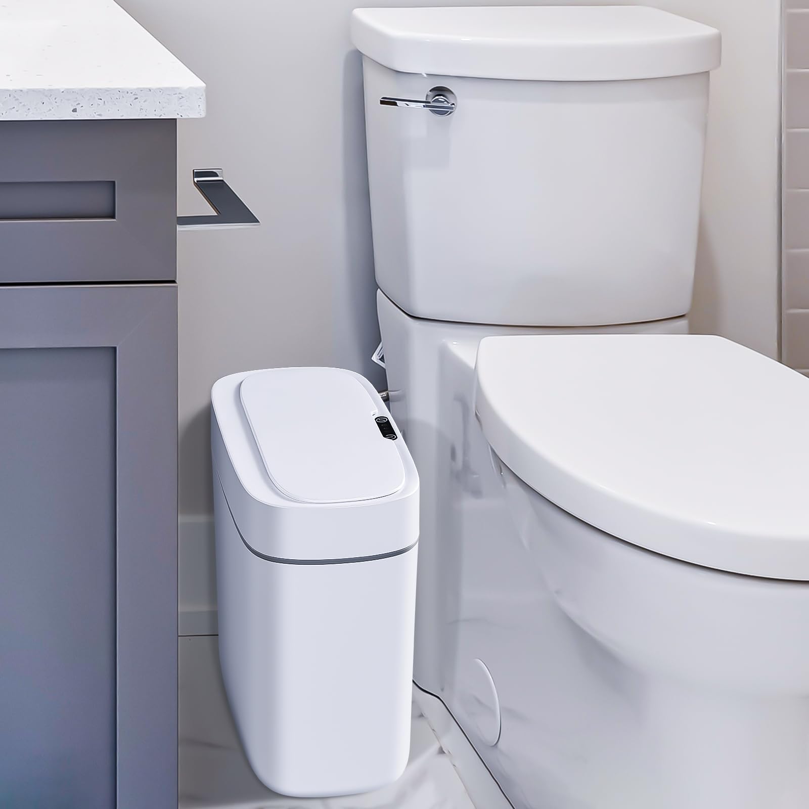 Photo 1 of funest Bathroom Motion Sensor Trash can with Lid 3 Gallon Automatic Garbage Can, 10 L Slim Plastic Smart Trash Can, Waterproof Trash Bin for Bedroom, Toilet, Kitchen, Office, Rv, White