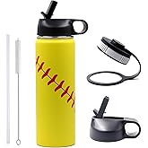 22 oz Softball Water Bottle, Wide Mouth Sports Flask Metal Travel Tumbler with 2 Lids, Stainless Steel Double Wall Vacuum Insulated Leak Proof Thermo Water Bottles, Softball Stuff Gifts for Mom Girls