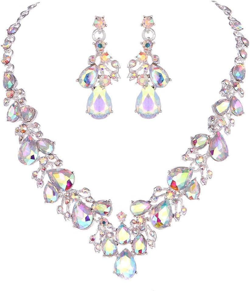 Austrian Rhinestone Crystal Wedding Gown Prom Ball Necklace Earrings Jewelry Set for Brides Dress