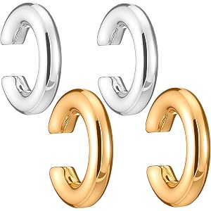 2 Pairs Non-Piercing Ear Cuffs, Gold & Silver Cartilage Hoop | Chunky gold & silver hoops | no piercing needed, comfortable f