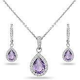 B. BRILLIANT Sterling Silver Genuine, Simulated Gemstone Halo Dainty Pear Teardrop Necklace & Earrings Jewelry Set for Women with Gift Box