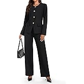 Casly Lamiit Women's 2 Piece Business Casual Outfits Crew Neck Button Down Blazer Wide Leg Dressy Pants Suit Sets