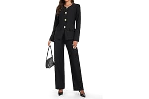 Casly Lamiit Women's 2 Piece Business Casual Outfits Crew Neck Button Down Blazer Wide Leg Dressy Pants Suit Sets