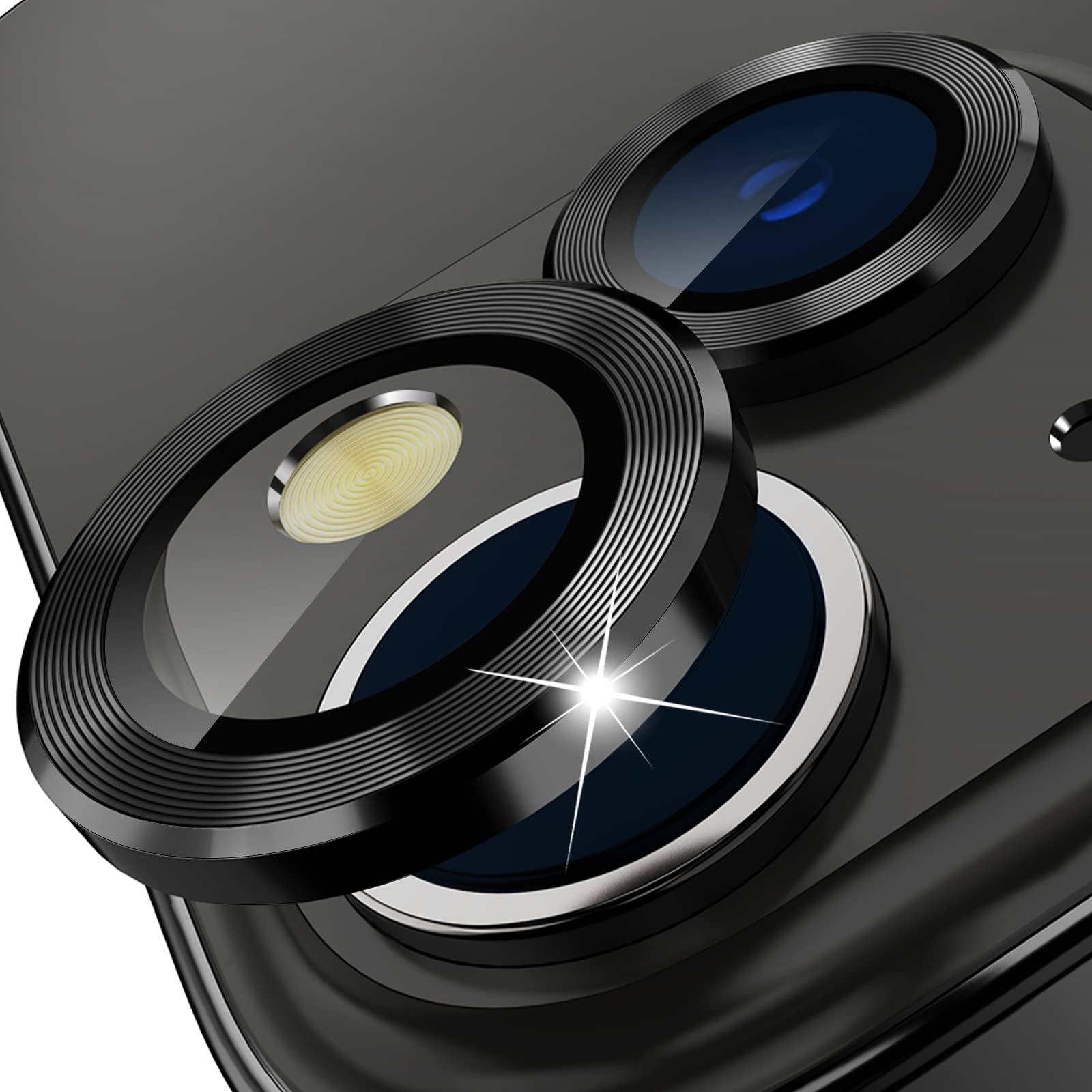 imluckies Compatible with iPhone 14/14 Plus & iPhone 15/15 Plus Camera Lens Protector, Anti-Scratch HD Tempered Glass Lens Screen Protection Cover, Metal Individual Lens Ring, Black