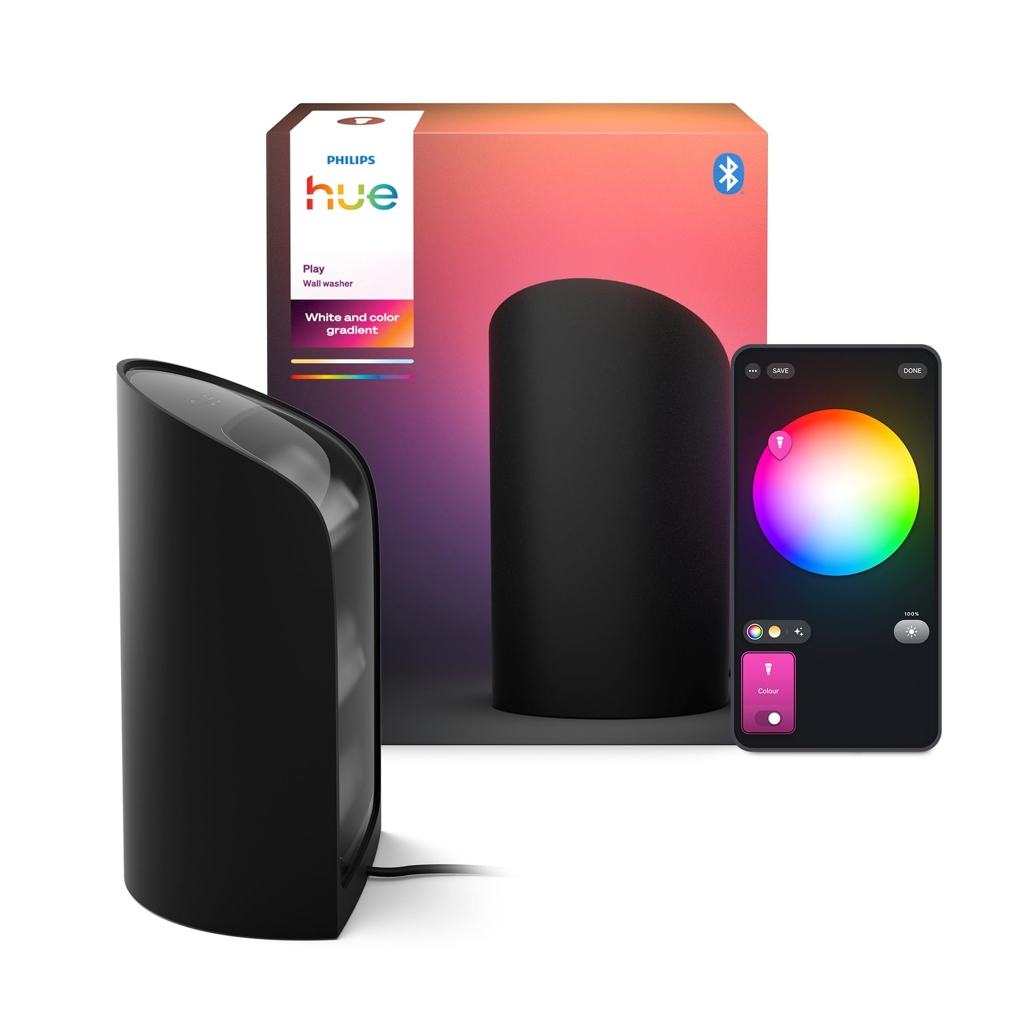 Philips Hue Play Smart Wall Washer Schwarz, Weiß & Farblicht mit ColorCast-Technologie, Bluetooth-kompatibel, Sprachsteuerung mit Alexa, Apple Home & Google Assistant, 1er Pack