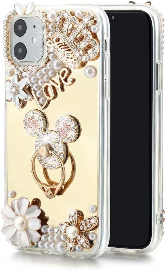 iPhone 11 Pro Max Mickey Minnie Mouse Case,Bling Glitter Crystal Rhinestone Diamond Crown Mirror Case with Cute Mouse Ring Holder Kickstand Cover Case for iPhone 11 Pro Max 6.5 inch(Gold)