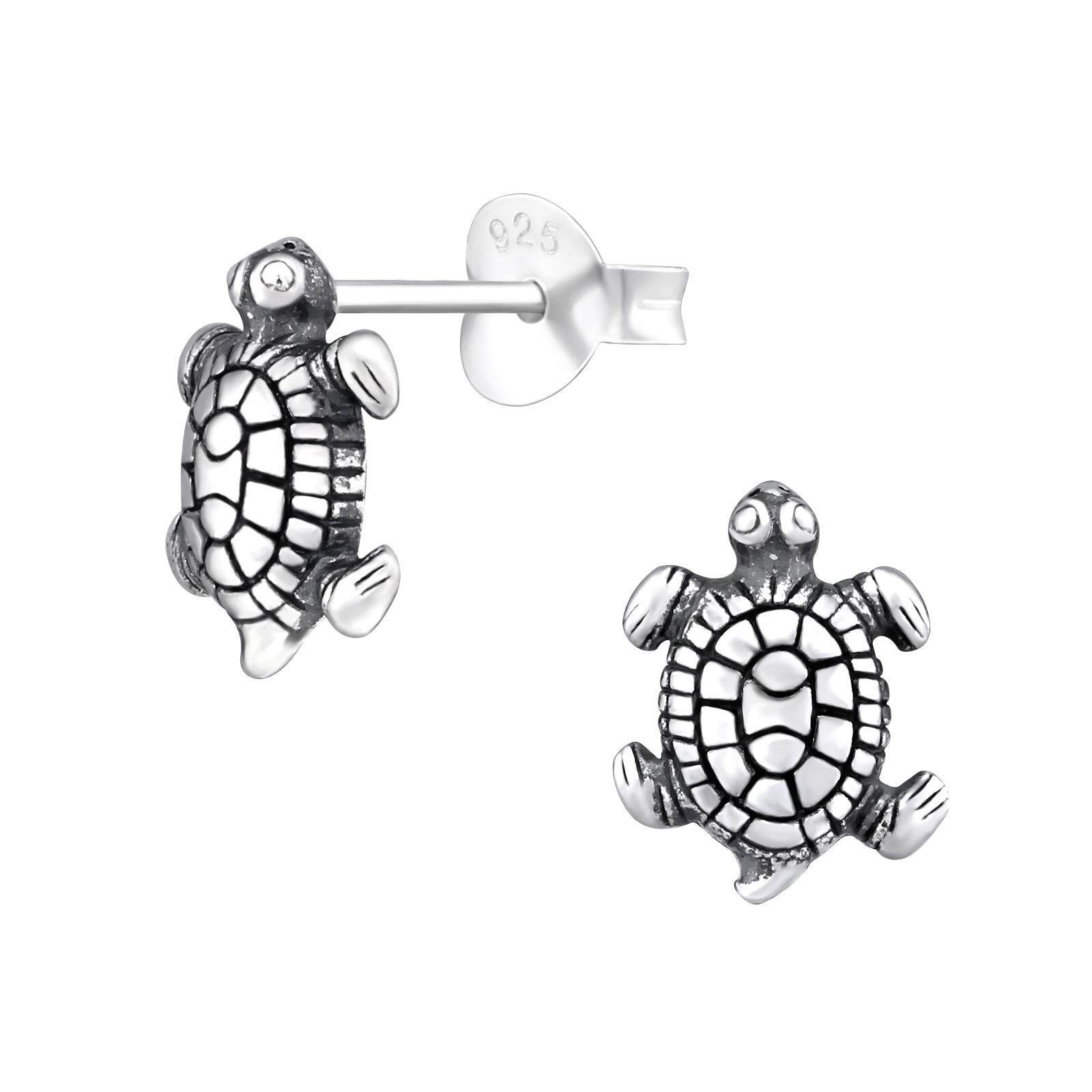 925 Sterling Silver Oxidised Lightweight Hollow-Back Turtle Stud Earrings for Women & Girls – Sea Life Ocean Jewellery Gift Boxed