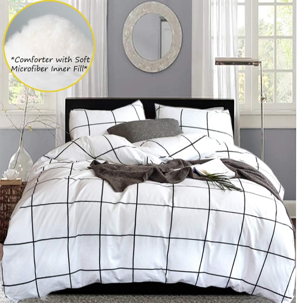 karever White Comforter Set Large Plaid Geometric Pattern Printed Down Comforters 100 Cotton Fabric with Soft Microfiber Inner Fill Bedding for Kids Teens Adult (3pcs, Twin Size)