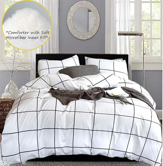 Amazon Com Karever White Comforter Set Big Grid Plaid Pattern