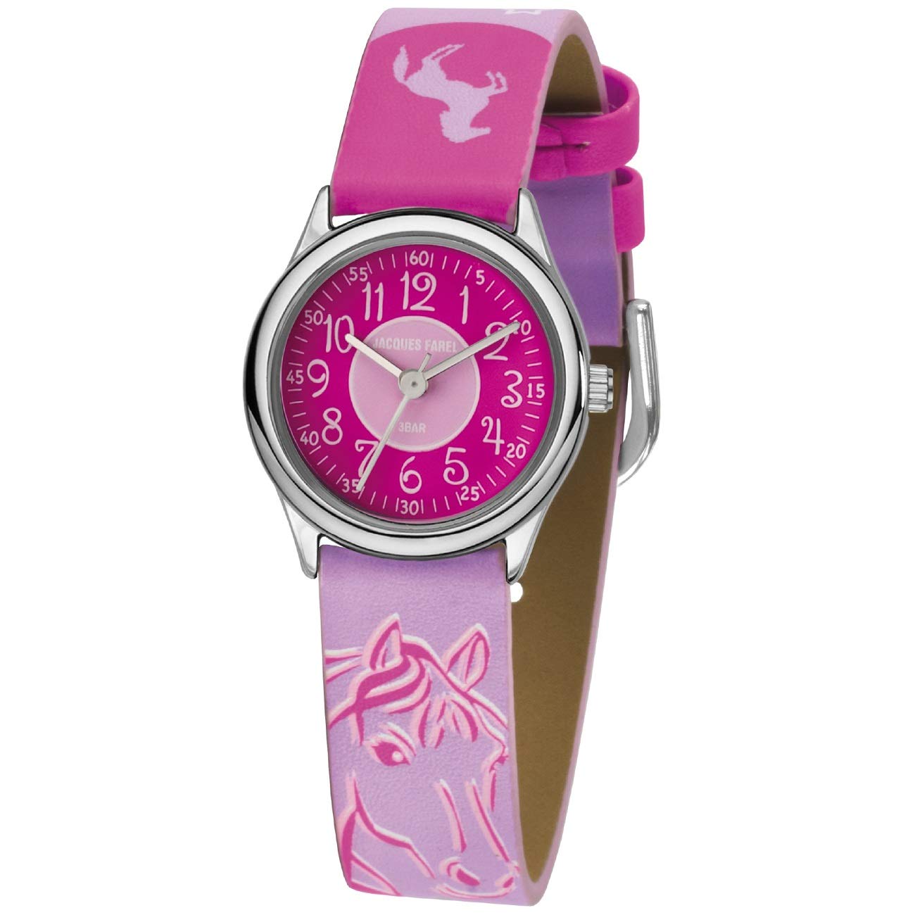 JACQUES FAREL HCC 312 Kids Children's Watch Horse Stars Pink Analogue Quartz Metal Faux Leather, Pink, Strap