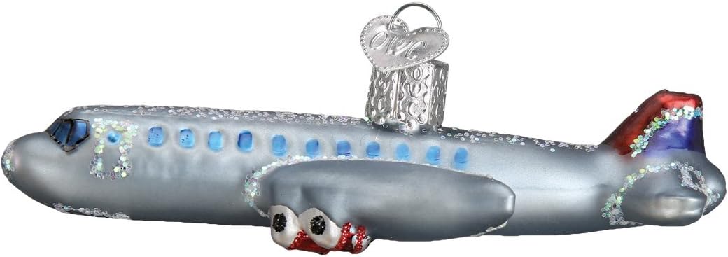 Ornaments - Old World Christmas 46065, Trains, Helicopters, Boats and Trucks Glass Blown Ornaments for Christmas Tree Passenger Plane, Glitter Gray