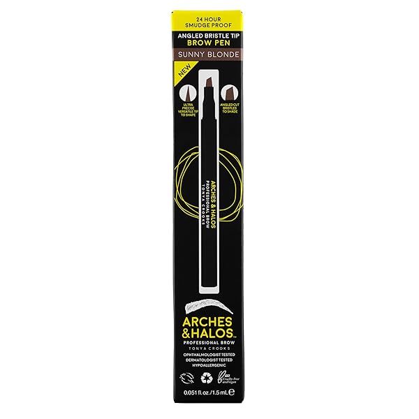 ARCHES AND HALOS ANGLED BRISTLE TIP WATERPROOF BROW PEN – WATER BASED AND SMUDGE PROOF EYEBROW PENCIL – EXTENDED WEAR – SUNNY BLONDE – 0.051 OZ