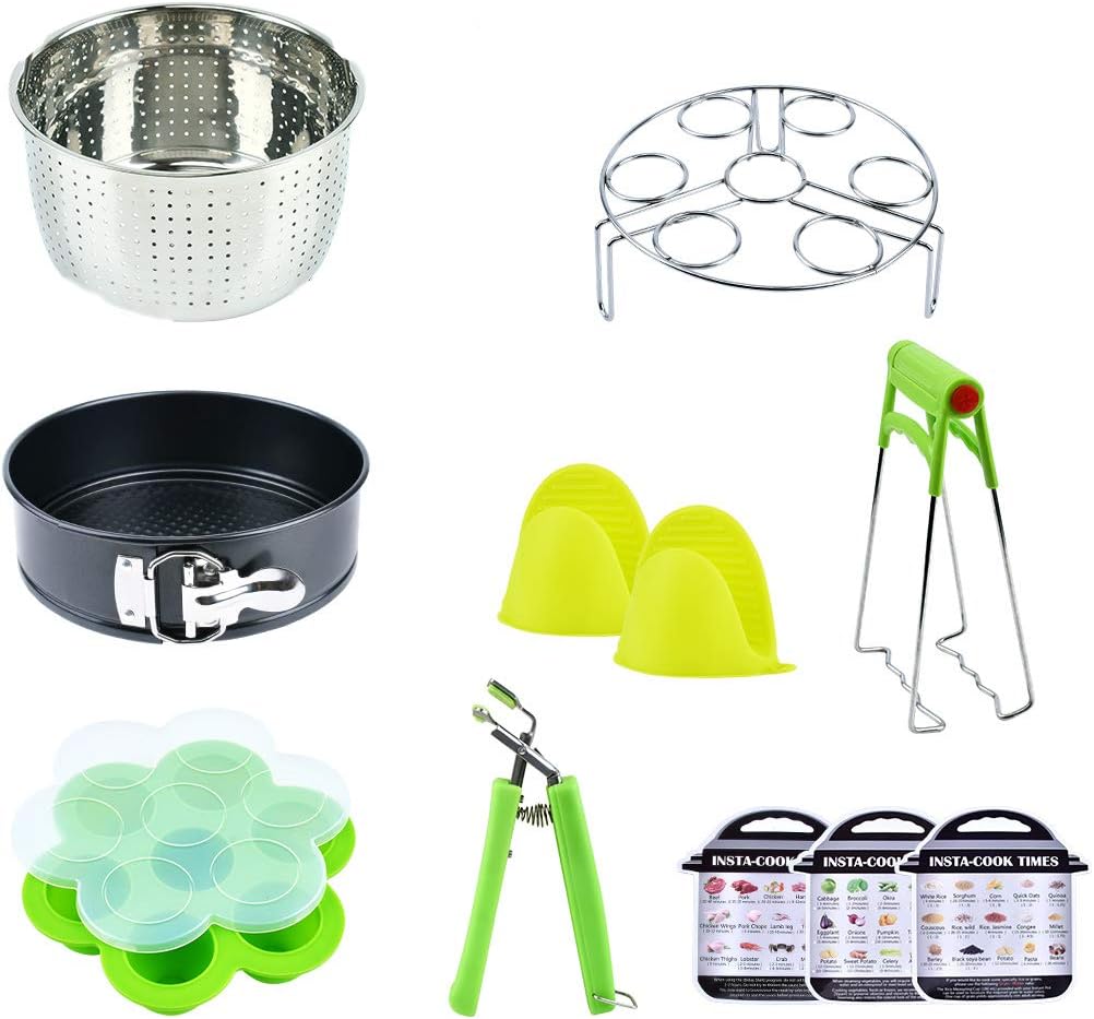 Accessories Kit For Instant Pot: 10 Pieces - Springform Cake Pan/Steamer Basket/Egg Steamer Rack/Silicone Egg Bites Molds/Oven Mitts/Food Tongs/Magnetic Cheat Sheets Compatible with 6,8 Qt Instant Pot