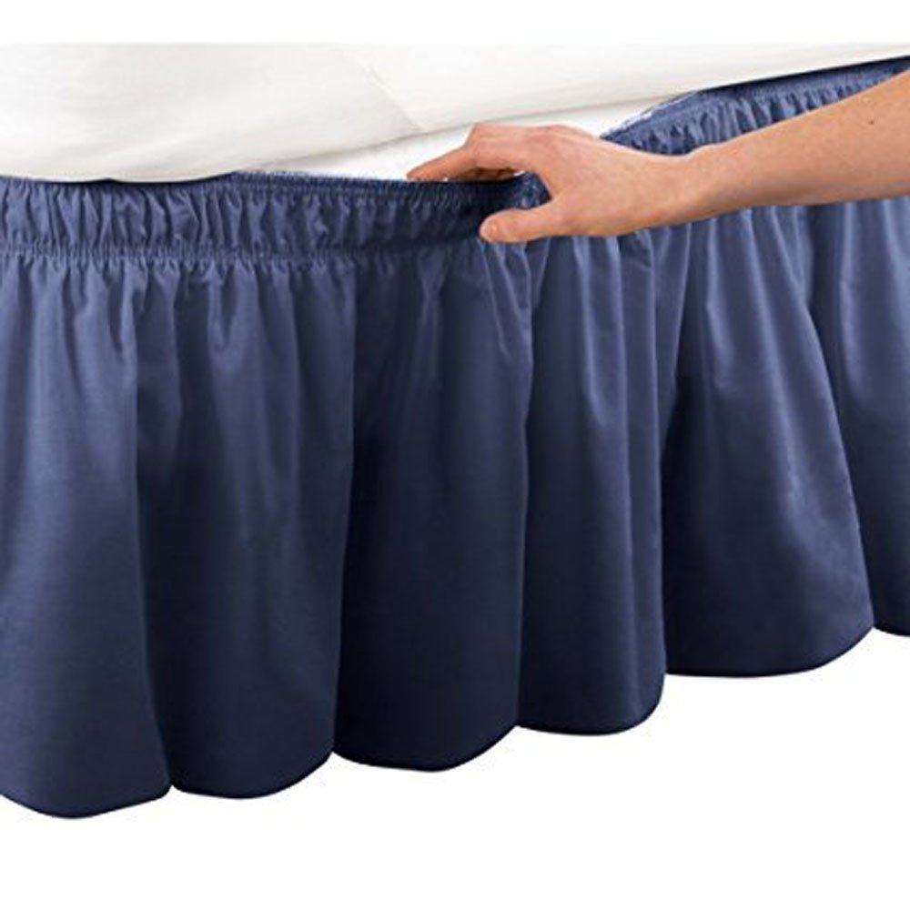 Pleated Three Sides Fabrics Wrap Around Style Egyptian Cotton Elastic 15 inch Drop Dust Bed Skirt for Twin/Full,Queen,King Size Bed(Queen, Navy)