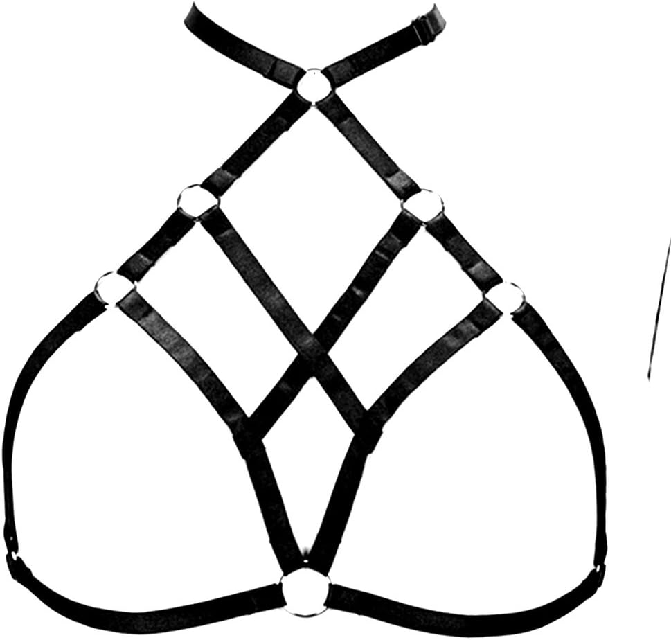Women Body Harness Bra Waist Belt Strappy Crop Tops Goth Punk Pentagram Festival Rave Bralette (Black O0432)