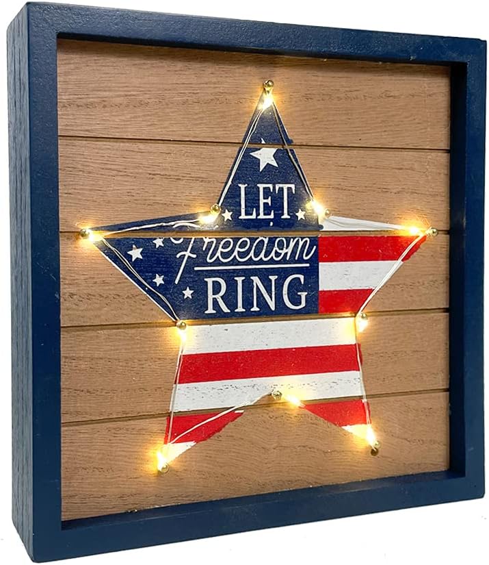 Eternhome American 4th of July Decorations Patriotic Box Sign Star LED Light Wooden Block Home Decor Rustic Farmhouse Sign Tabletop for Memorial Day Independence Labor