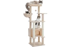 PEQULTI 54'' Cat Tree for Large Cats, Tall Cat Tower with Cozy Cat Condo, Cat Scratching Posts and Wide Top Perch for Indoor Cats, Beige