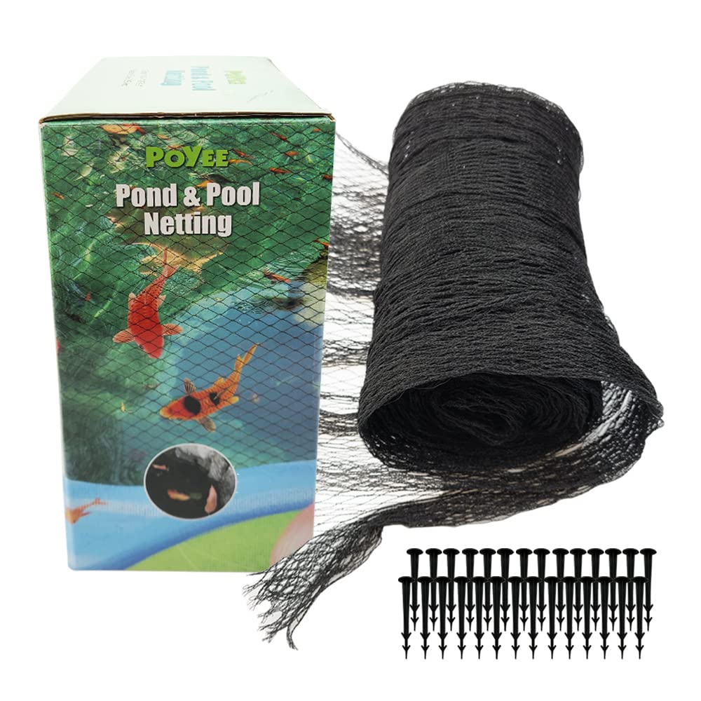 POYEE 20x30ft Pond Netting for Leaves Leaf Net Cover Pond Net with Small Fine Mesh Protecting Koi Fish from Birds Cats Stakes Included Image