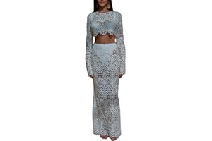 REASERAL Womens Lace 2 Piece Outfits Long Sleeves Round Neck Hollow Out Top Maxi Skirt Vacation Sets