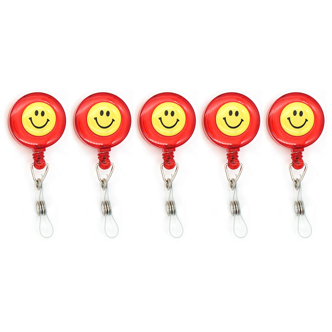 Pack of 5 Retractable Badge Holder ID Badge Metal Reel Clip On Card Holders, Smile Face 28" Thick Pull Cord, Smile Face Style, Red