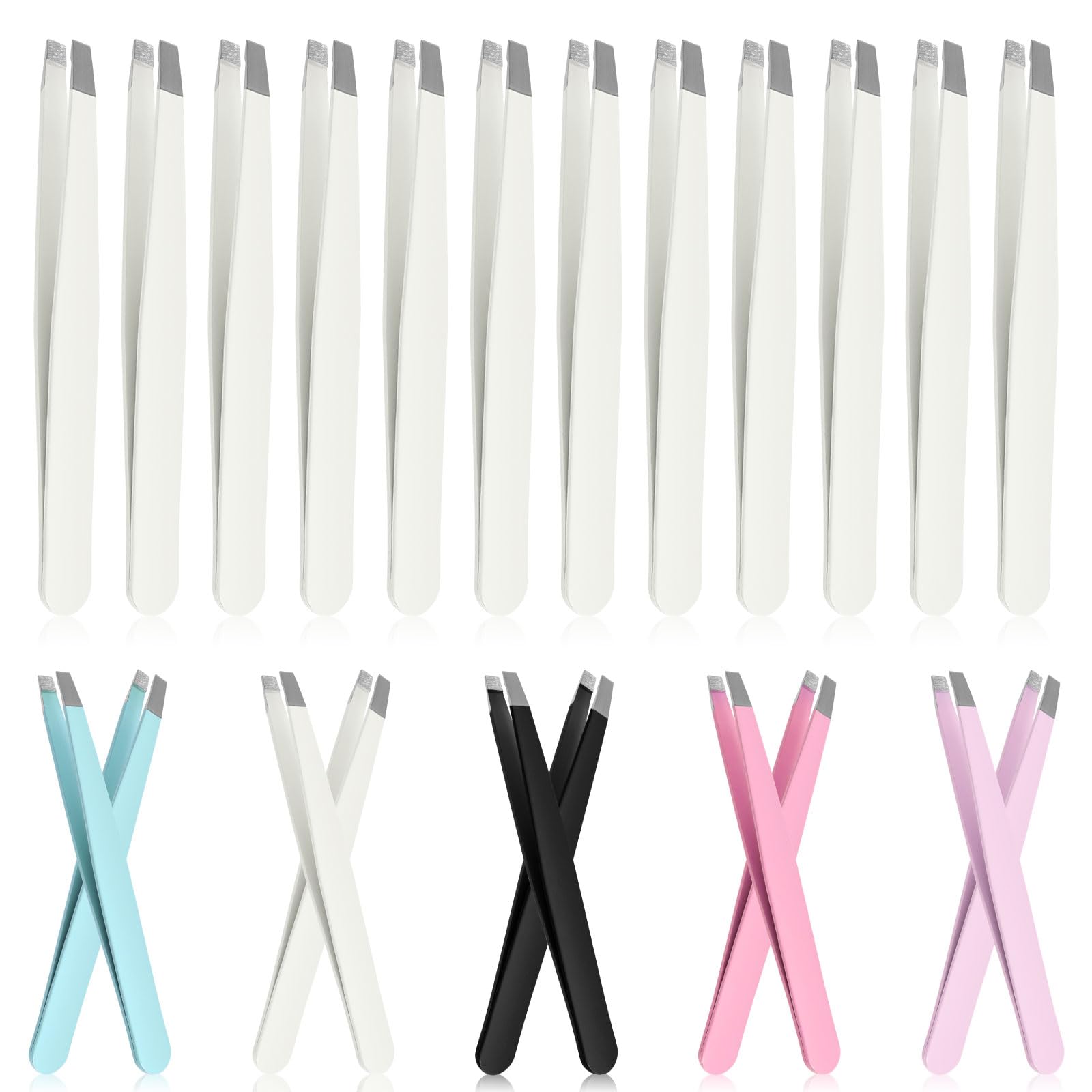 GLARKS 12Pcs White Stainless Steel Slanted Tip Eyebrow Tweezers Professional Facial Hair Precision Tweezers
