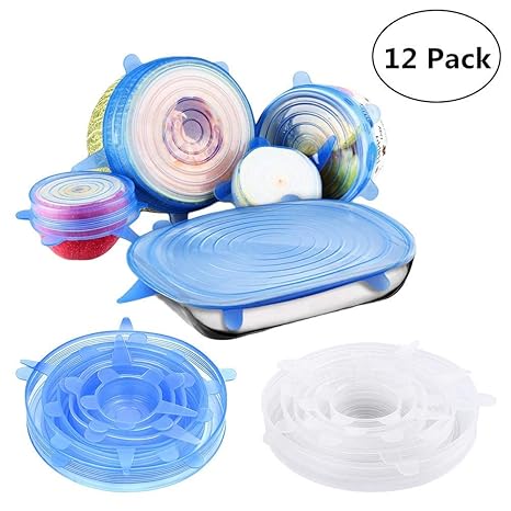 Silikon Deckel, 12 Packungen, Lebensmittel Stretch Wrap wiederverwendbar Motiv Deckel, hitzebeständig, Fit verschiedene Größe