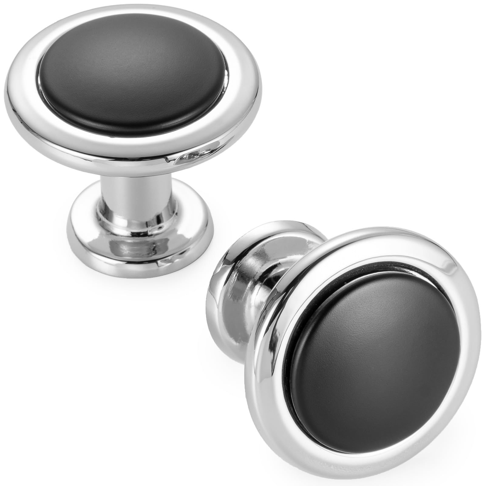 KOOFIZO 30 Pack Black and Chrome Kitchen Cabinet Knobs Matte Black and Chrome Drawer Knobs 1960 Round Single Hole Cabinet Pulls for Cabinets Drawers Dresser Cupboard Bedroom Bathroom Image