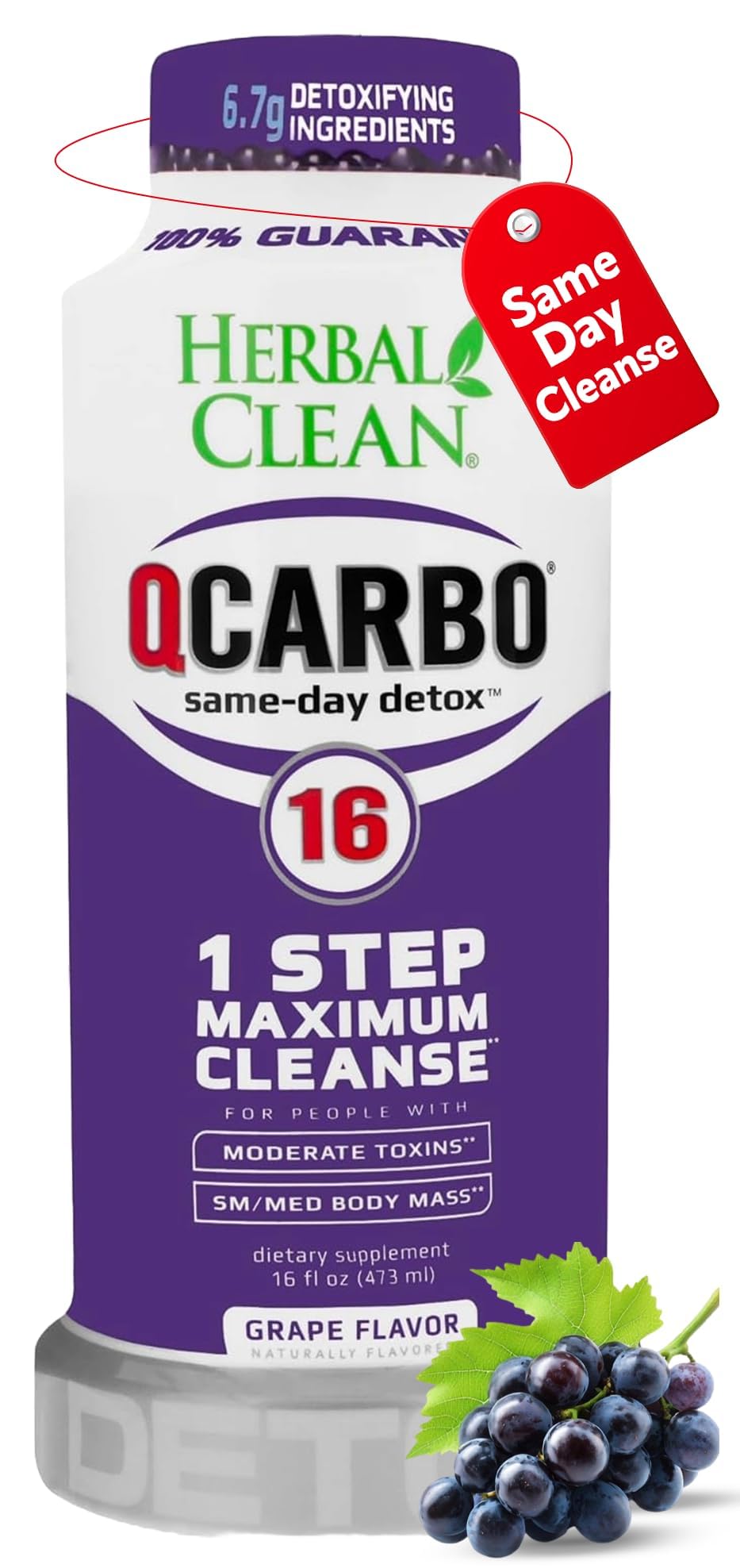 Herbal Clean Qcarbo16 Same-Day Detox Cleanse Drink (16 fl oz) - Grape Flavor Full Body Cleanse* Detox Drink for Moderate Toxin Level*, Vitamin B2 and Vitamin B12 for Men & Women