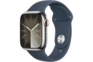 Apple Watch Series 9 [GPS + Cellular 41mm] Smartwatch with Silver Stainless Steel Case with Storm Blue Sport Band S/M. Fitness Tracker, ECG Apps, Always-On Retina Display