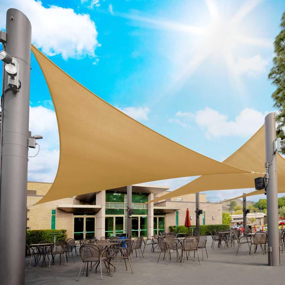 Photo 1 of Royal Shade 16' x 16' x 16' Sand Beige Triangle Sun Shade Sail RS-SLT, 95% UV Blockage, 200GSM Commercial Standard Heavy Duty, Water & Air Permeable Canopy Mesh for Patio (We Make Custom Sizes)