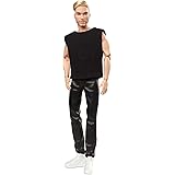 Barbie Signature Looks Ken Doll (Blonde with Facial Hair) Fully Posable Fashion Doll Wearing Black T-Shirt & Vinyl Pants, Gif