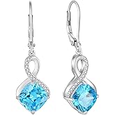FJ Princess Cut Dangle Drop Earrings 925 Sterling Silver Infinity Leverback Earrings Birthstone Jewelry Gifts for Women