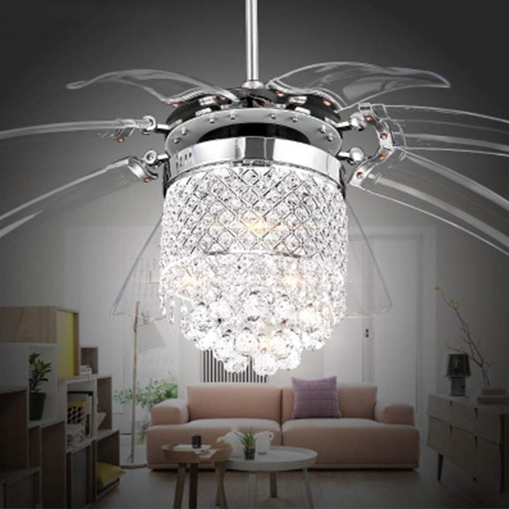42'' Modern Crystal Ceiling Fan Light for Living Room Restaurant with 8 Foldable Transparent Acrylic Leaves with Invisible Take-Off Remote Chandeliers