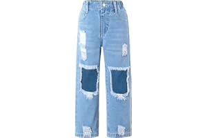 Floerns Girls Elastic Waist Distressed Ripped Straight Leg Denim Jeans