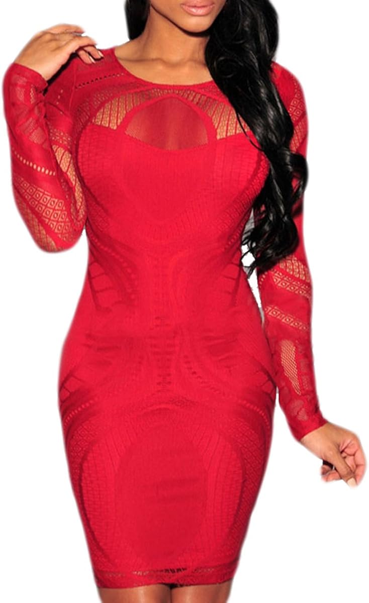 Obazidou Women's Lace Nude Illusion See Through Sleeves Bodycon Dress Red Amazon.co.uk