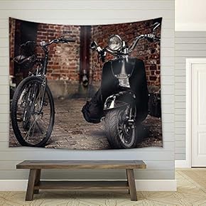 Retro Bicycle and Moto Scooter Over The Wall from Red Bricks - Fabric Wall Tapestry Home Decor - 51x60 inches