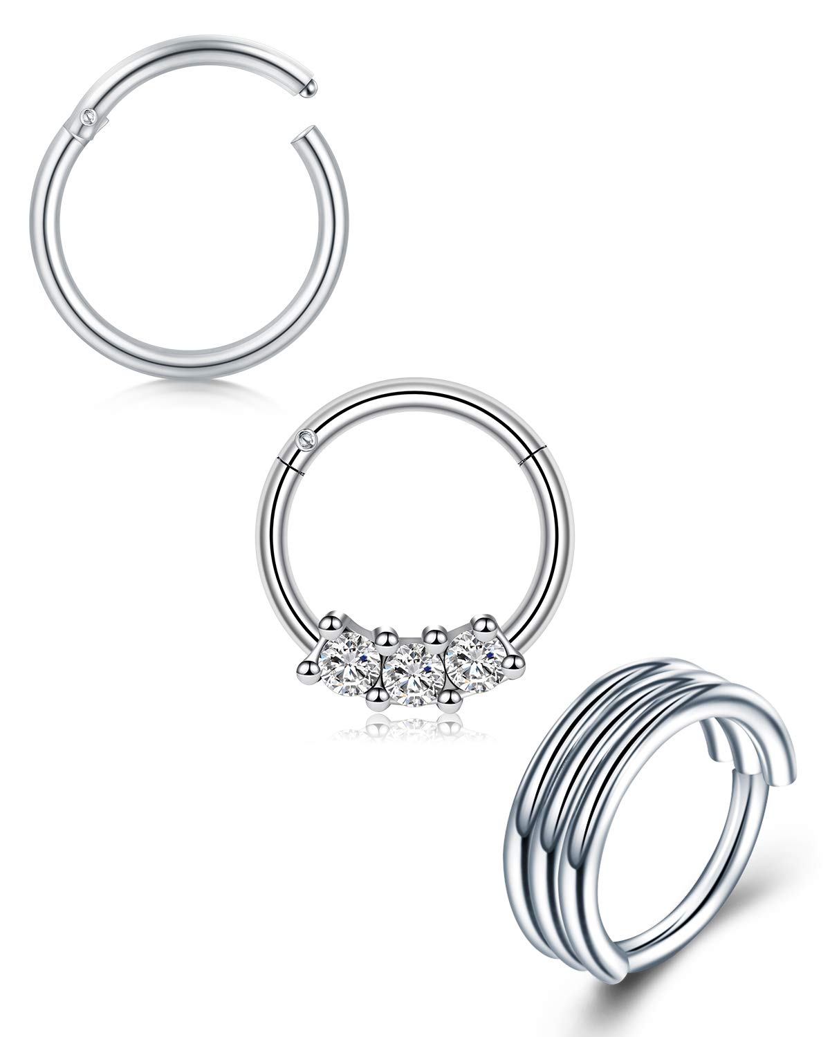 Mayhoop 18G Nose Rings Septum Piercing Surgical Steel Silver 8mm Clicker Rings Helix Hoop Tragus Daith Rook Earrings Piercing Jewellery 3Pcs