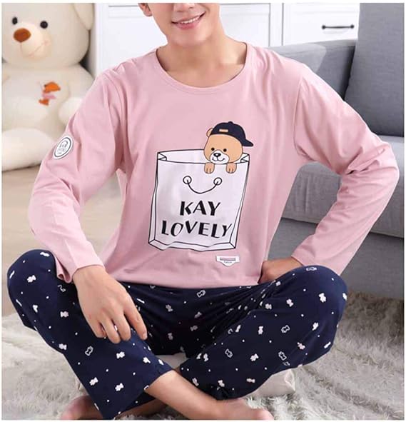 Femaroly Spring and Autumn Men's Pajamas Long Sleeve Cotton Junior High