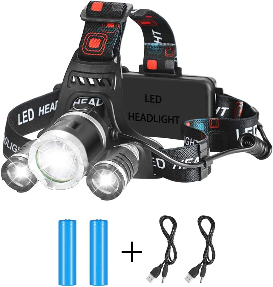 Headlamp, LED Headlights 8000 Lumens 3 LED 4 Modes 18650 USB Rechargeable Waterproof with Red Safety Light Running Camping and Outdoors Head Lights Flashlight