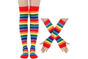 Womens Girls Cosplay Rainbow Striped Knee High Socks Leg Arm Warmer Fingerless Gloves Set