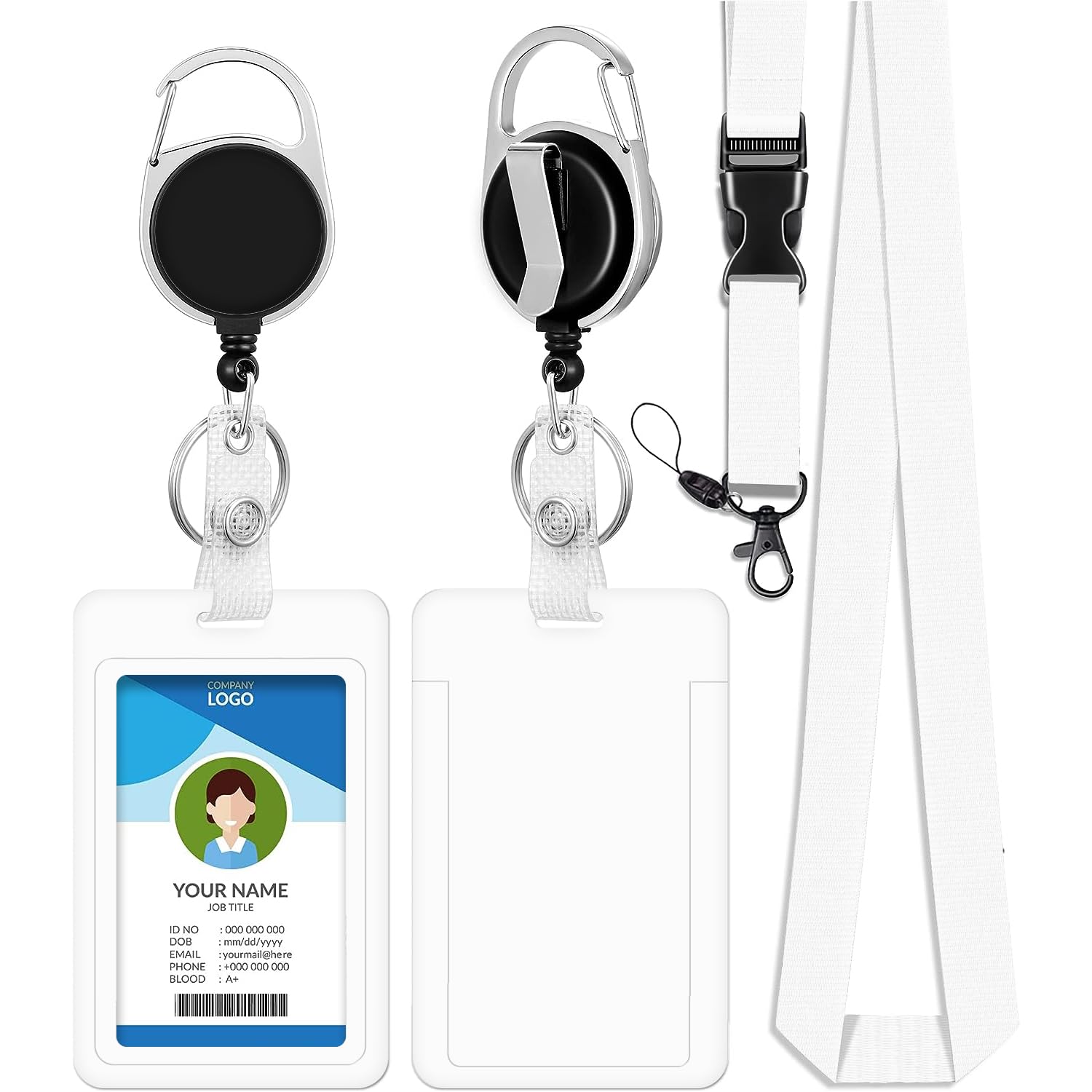 bolimoss Lanyards for Neck with White Card Holder, Plastic ID Card Holder with Black Retractable Reel Clip & Breakaway Lanyard,Name Badge Holders for ID Cards, Credit Card,Office, School, Bus Passes